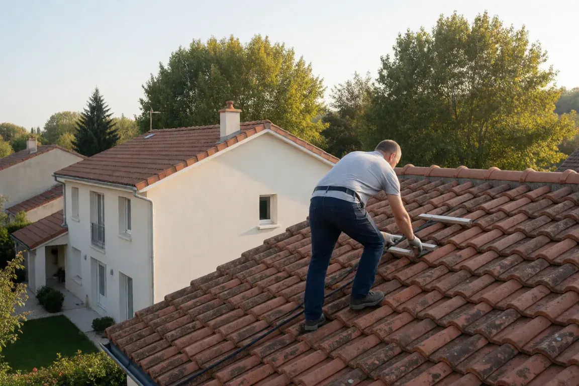 Artisan observant une toiture en tuiles